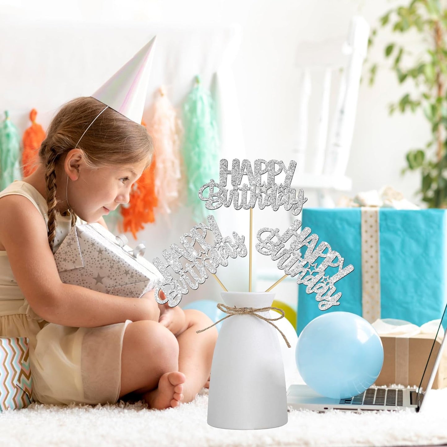 Glitter Silver Birthday Centerpiece Sticks 12PCS Happy Birthday Party Table Decorations Double Sided Birthday Party Centerpieces for Cheers to Birthday Anniversary Baby Shower Supplies