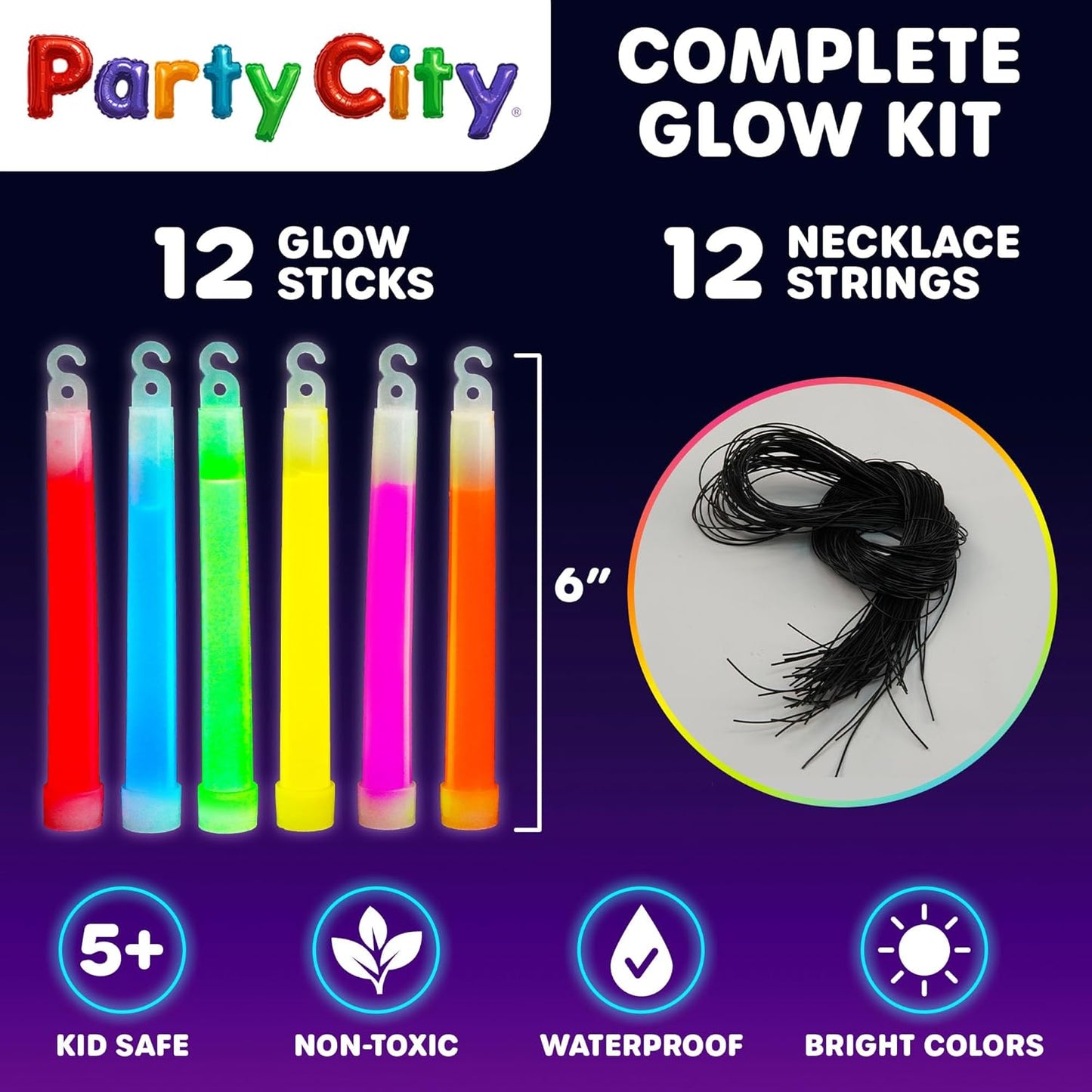 Party City Multicolor Glow Sticks Bulk Pack 6”- 25pk Glow in the Dark Sticks for Kids, Waterproof Camping Survival Ultra Bright Emergency Light Stick with String, Neon Glowsticks Party Supplies Favors