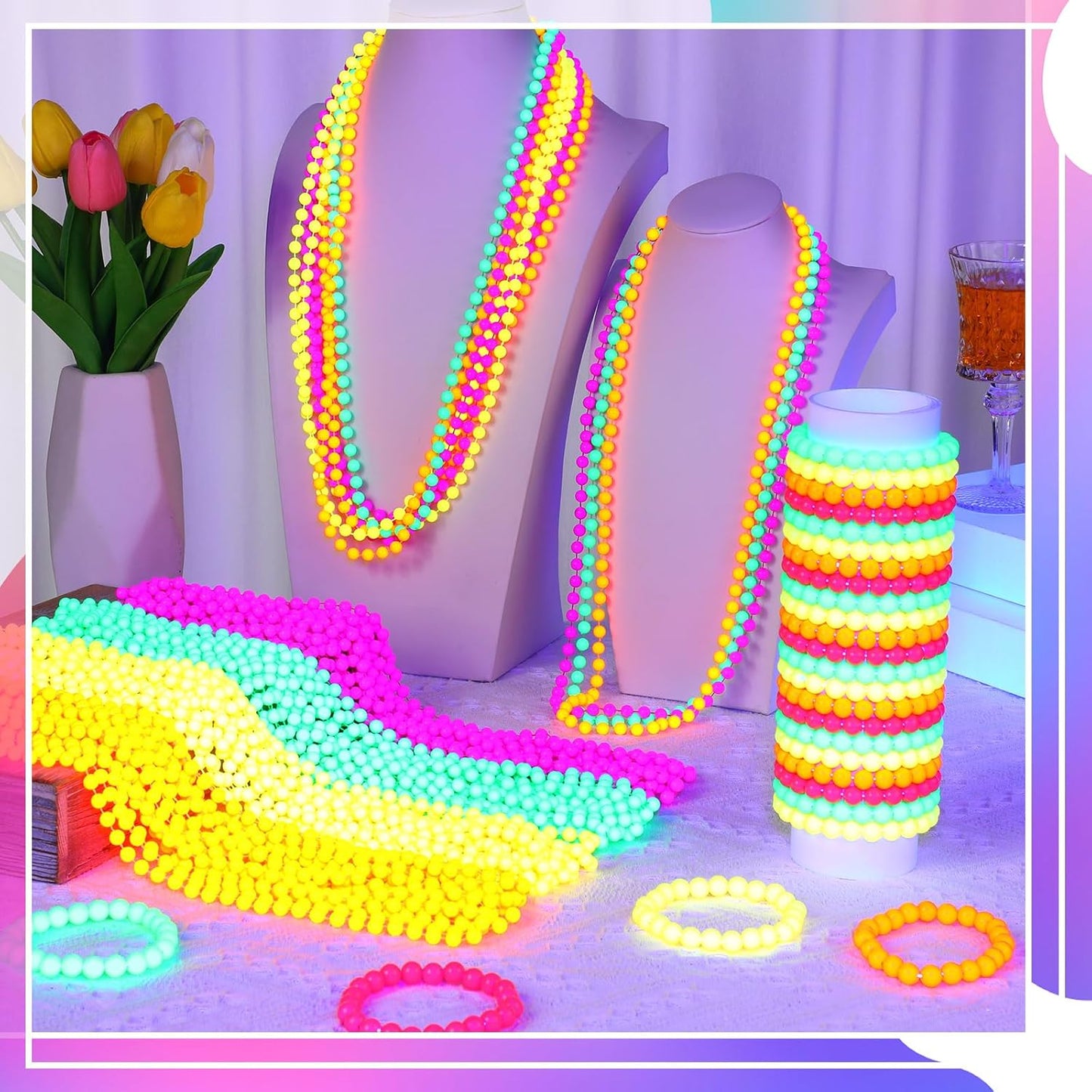 Ecally Neon Bead Necklaces and Bracelets Set Glow in The Dark Party Supplies Colorful Glow Necklaces and Bracelets Bulk for Mardi Gras 80s Party Favors Carnival Concert Neon Night Accessories