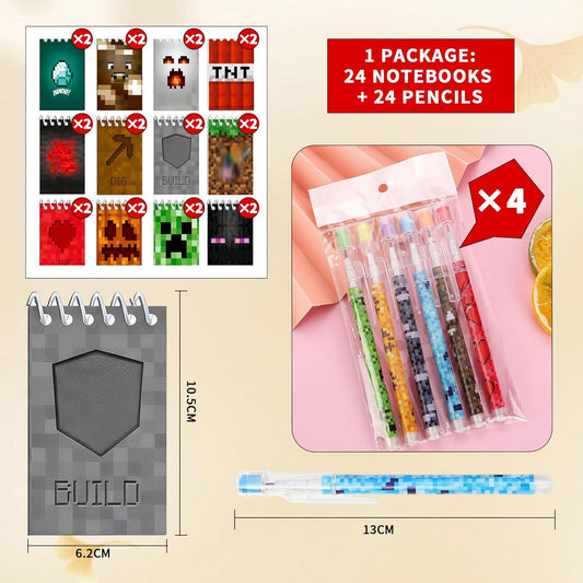 48-Piece Pixel-Style Party Gift Set – 24 Mini Spiral Notebooks and 24 Patterned Pencils, Perfect for Birthday Gift Bags, Class Rewards, School Gifts (48 pieces)