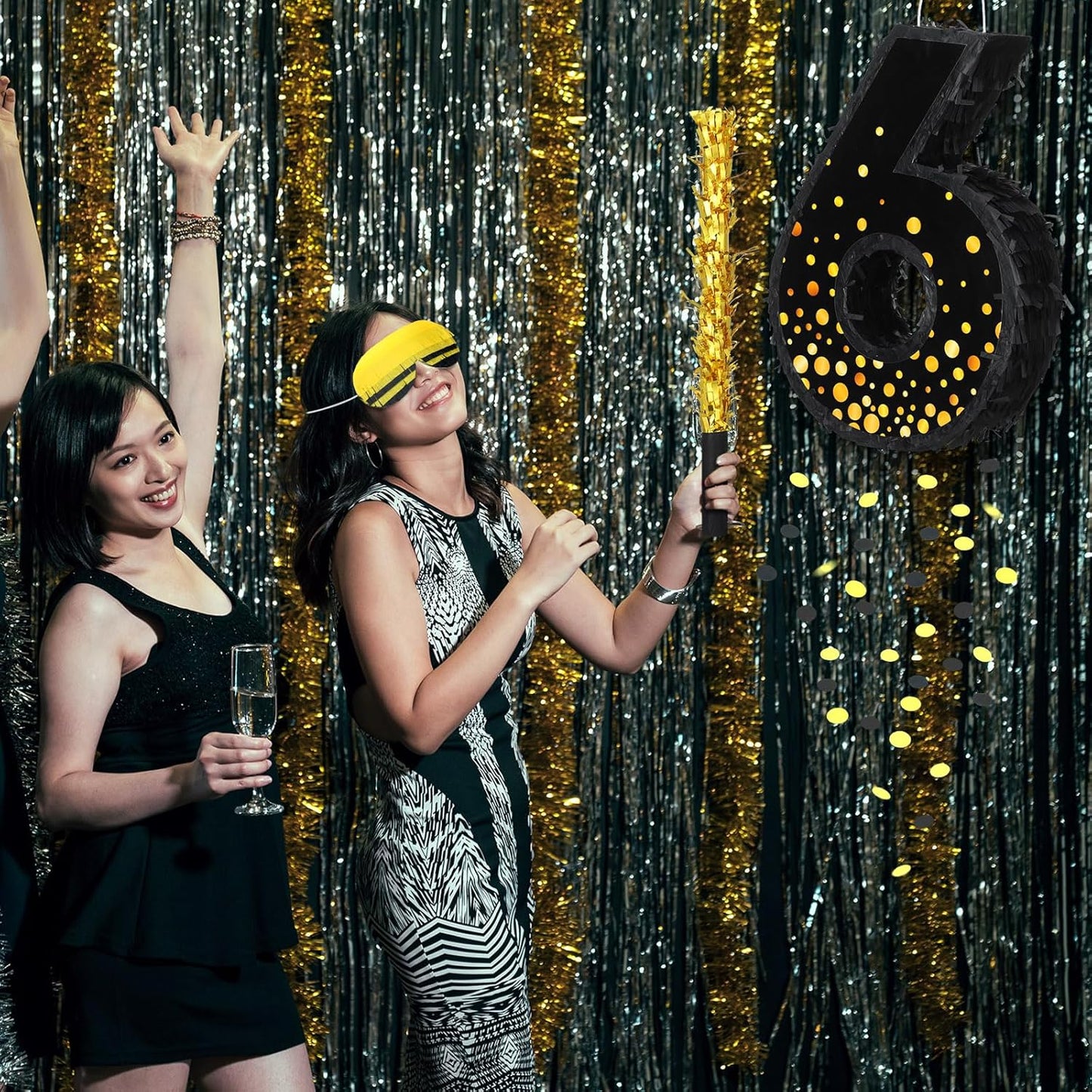 Poen Pinata for Birthday Party Decorations Black Gold Pinata with Blindfold Stick Confetti and Eye Mask for Party Supply Anniversary Baby Shower Retirement Supplies(Number 5)
