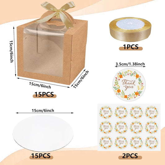 15PCS Brown 6x6x6 Inch Cake Boxes with Window Handle Boxes 6 Inch with Cake Boards for Gift Giving Elegant Paper with Ribbon Stickers for Weddings Birthdays Holidays Corporate Event Party Favors
