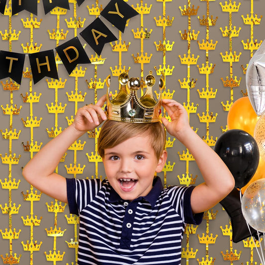 MENSTARSI King Crowns Party Decorations 2 Pack Gold Crown Photo Backdrop, 3.3x6.6ft Golden Foil Fringe Curtains Photo Booth Props for Men 1st 40th 50th Birthday Wedding Graduation Anniversary Decors