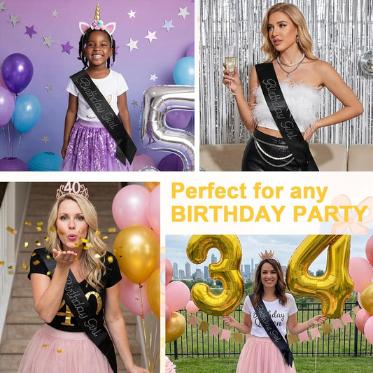 Birthday Girl Sash, Satin Birthdays Sash with Glitter Rhinestones, Birthday Girls Sashs with Safety Pin, Happy Birthdays Sashs Gifts Party Accessories for Sweet 16 18 21 30 40 50 Bday(Black)