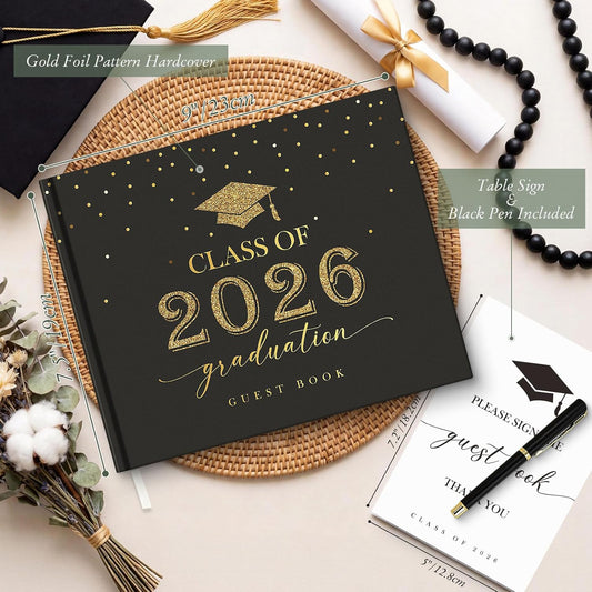 Lanpn Graduation Guest Book Class of 2026 with Table Sign & Pen, Graduation Guest Sign in Books, Graduates Signature Book, Keepsake Memory Books for College High School Grad Party, Black Hardcover