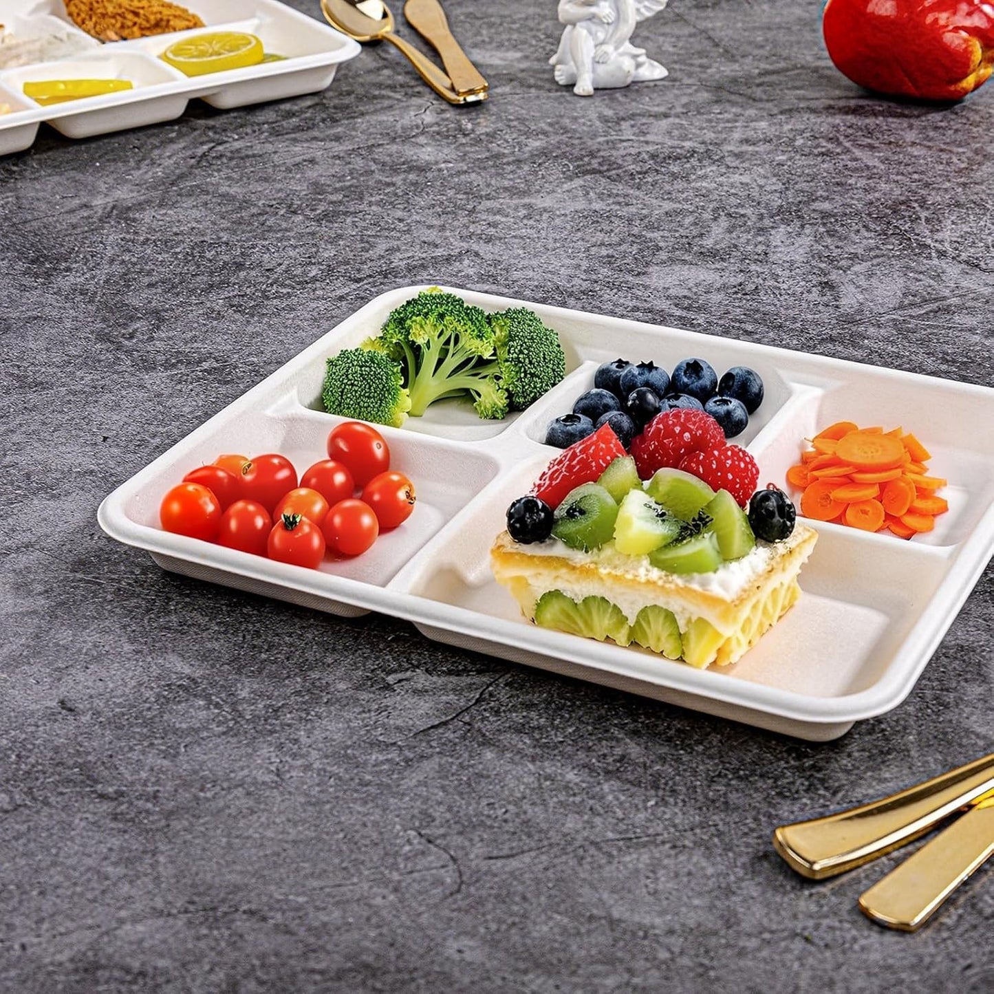 WELLIFE 100% Compostable 5 Compartment Paper Plates, 100 Pack Disposable School Lunch Trays Divided Plates for Adult Youth, 12.5 * 8.6 inch Heavy Duty Eco-Friendly Bagasse Plate for Buffet and Party