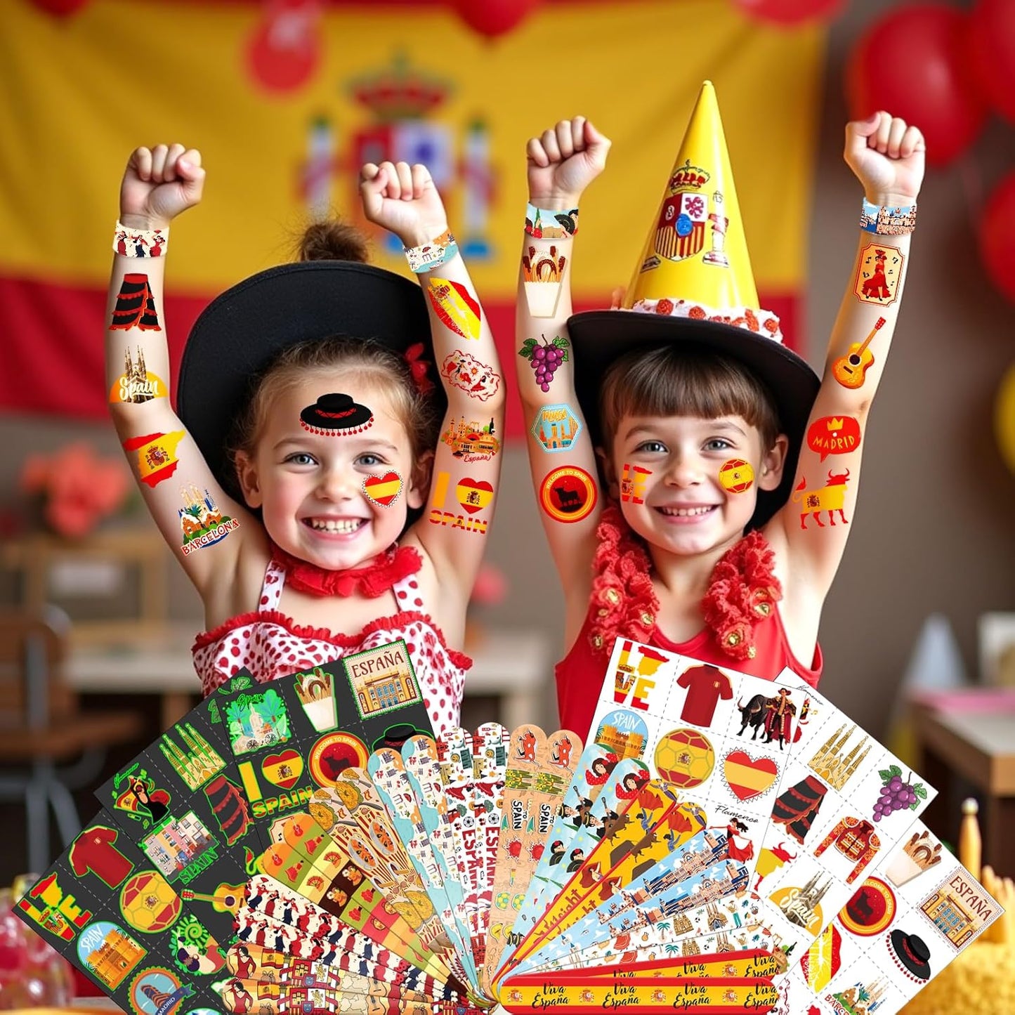 96 PCS Spain Party Favors Set – 72 Pre-Cut Temporary Tattoos & 24 Slap Bracelets, Perfect for Flamenco Parties & Travel-Inspired Celebrations