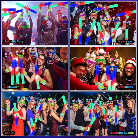 OLUPP 282 PCS Glow in the Dark Party Supplies, 18 Foam Sticks, 18 LED Glasses, 200 Glow Sticks, 30 Finger Lights, 8 Bunny Ear Headband and 8 LED Cat Ear Headband for Wedding,Birthday,Concert,New Year