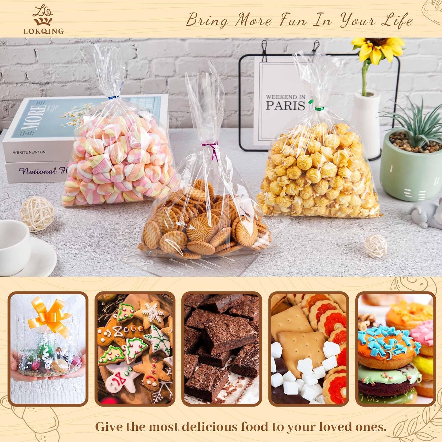 LOKQING Clear Cellophane Treat Bags 6 x 10 in, 100 Pack Mothers Day Gift Bags with Twist Ties, Bags for Cookies, Candy, Party Favors, Bakery Packaging and Small Gifts