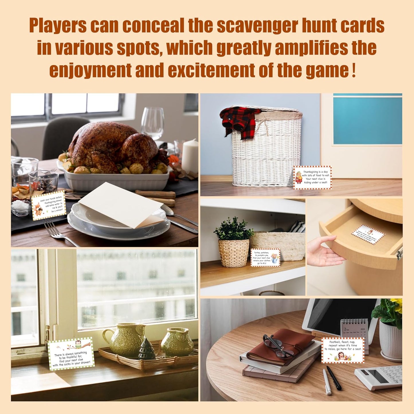 Thanksgiving Scavenger Hunt Clues Card, Outdoor Indoor Autumn Harvest Games, Thanksgiving Party Supplies Decoration, Set of 16 Cards with Colourful Envelopes -A01