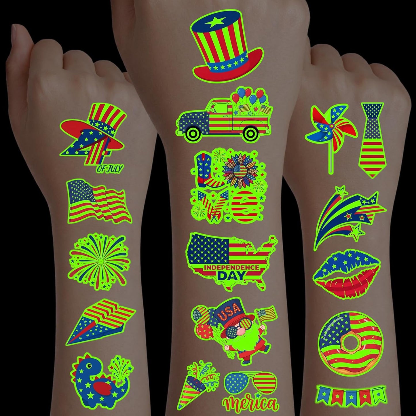 4th of July Temporary Tattoos - 105 PCS USA stickers Fourth of July Party Favors Supplies Decorations Patriotic Accessories Memorial Labor Independence Day Red White Blue American Flag