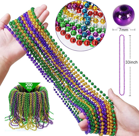 200PCS Mardi Gras Beads Necklaces Bulk 33 Inch 7 mm Purple Blue Pink Silver Gold Red Green Mardi Gras Beaded Necklaces Glow Party Throw Parade Beads Mardi Gras Decorations for Women Men Kids