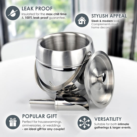 BREKX 3-QT Insulated Ice Buckets for Parties with Lid and Scoop - Iceberg Anchored Wine Chiller Champagne Bucket for Cocktail Bar, Metal Bucket with Lid, Non-Sweat
