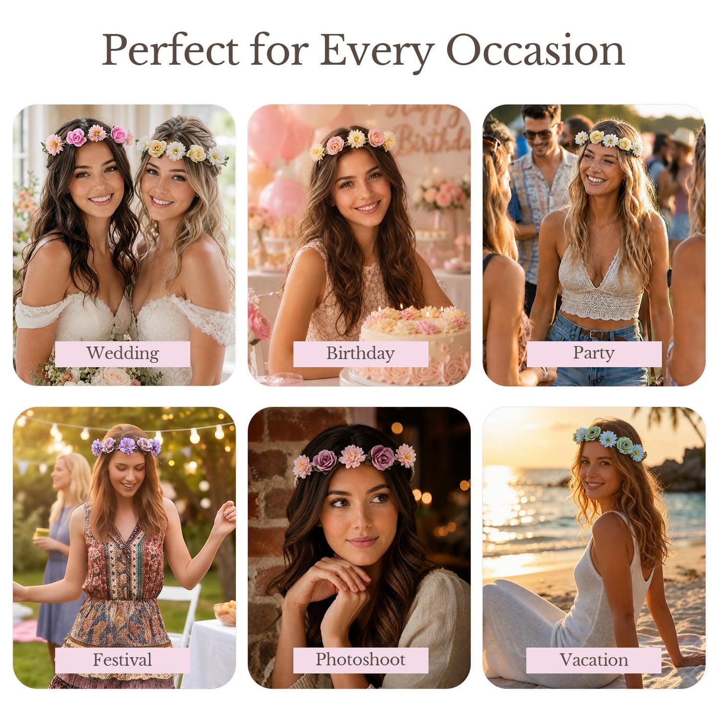 Women Headpieces Collection Accessories - 6 PCS Boho Hair Wreaths, Flower Crowns, Tiaras for , Brides, Bridesmaids, Flower Girls, Weddings