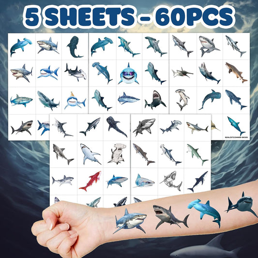 96 PCS Realistic Shark Tattoos Temporary,Ocean Animal Stickers, Birthday Party Favors Supplies & Decorations, Waterproof & Easy to Apply, Gifts Rewards for Kids Girls Boys Adults