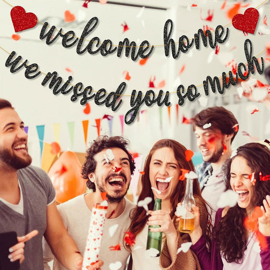 Pre-Strung Welcome Home We Missed You So Much Banner for Military Army Returning, Homecoming Party Decorations, Black