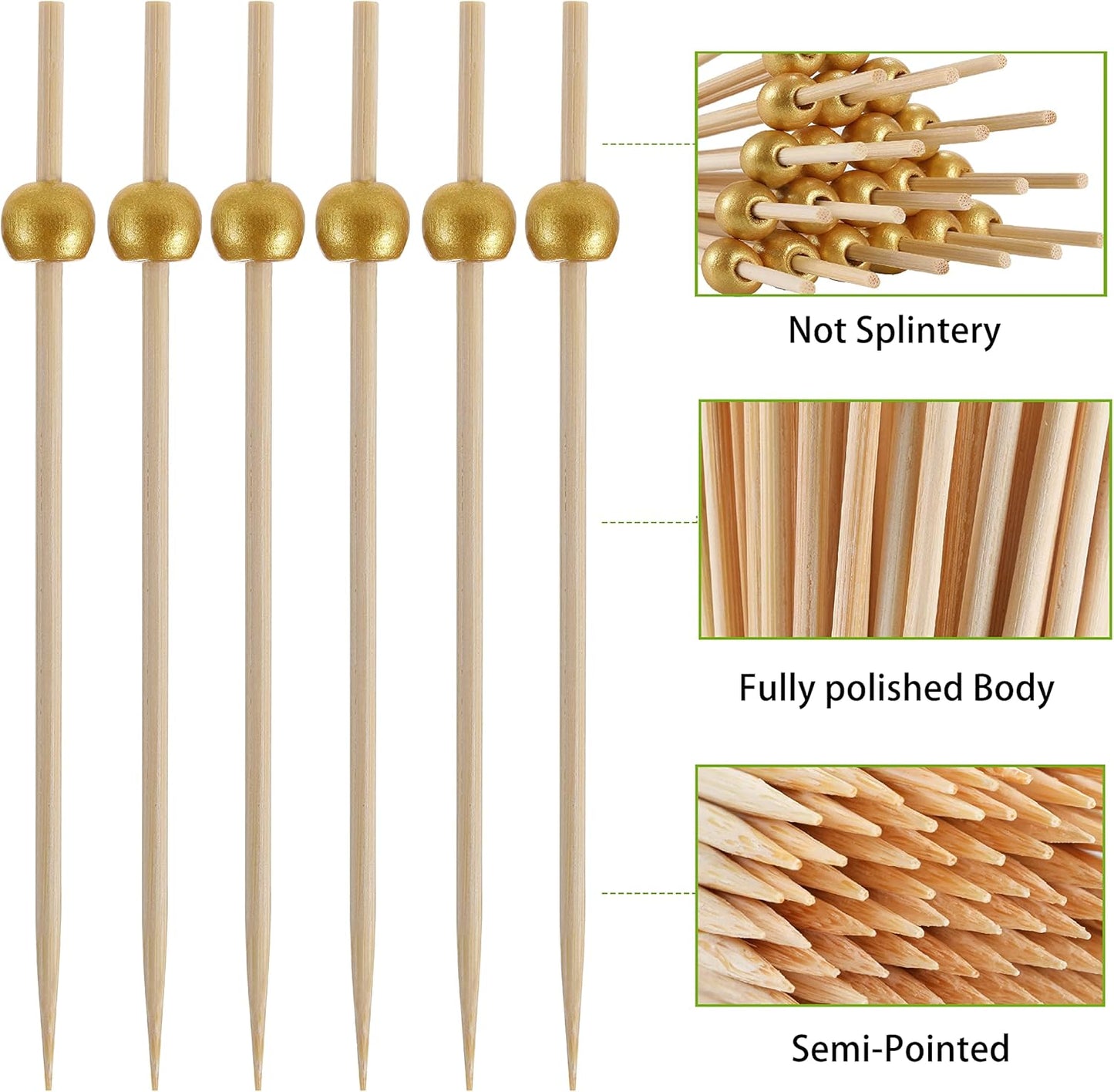 200 Pcs Cocktail Picks, 4.7 Inch Toothpicks for Appetizers, Bamboo Cocktail Sticks Skewers for Drinks, Desserts, Charcuterie, Wedding Party Fancy Toothpicks, Gold Pearl Mini Food Picks Decorative
