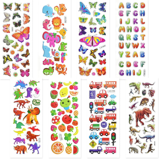 3D Stickers for Kids & Toddlers 24 Sheets 550+ Puffy Stickers Variety Pack with Animals, Numbers, Fruits, Fish, Dinosaurs, Cars & More for Scrapbooking, Bullet Journals & Crafts