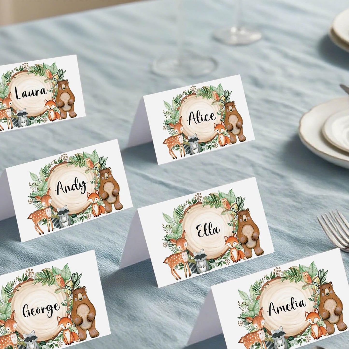 120 Pack Woodland Baby Shower Place Cards, 3.5" x 2" Foldable Table Tent Name Cards, Food Labels for Forest Animals Baby Shower Birthday Party Reception Tables Placement Party Decorations