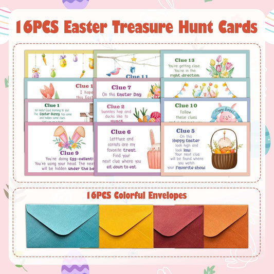 Easter Scavenger Hunt Clue Cards, Easter Scavenger Hunt Games for Adults, Holiday Spring Easter Party Supplies Activities Outdoor Indoor(16 Clues Cards with Envelopes), 08
