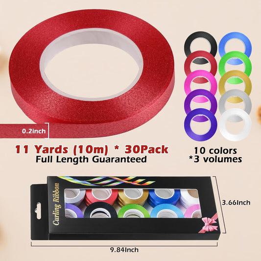 Curling Ribbon for Gift Wrapping: A 10-Color 30 Roll Pack of 1/5 Inch Decorative Ribbon for Mother's Day Decor & Romantic Presents and Party Balloons