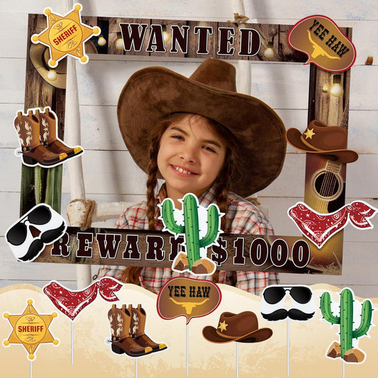 GlikCeil 8 Pcs West Wanted Photo Booth Prop Kit Cowboy Party Decoration Wild Western Photo Booth with 7 Props Rodeo Selfie Frames Poster for Cowboy Cowgirl Rustic Party Supplies, 26. 7 x 20. 5 Inch