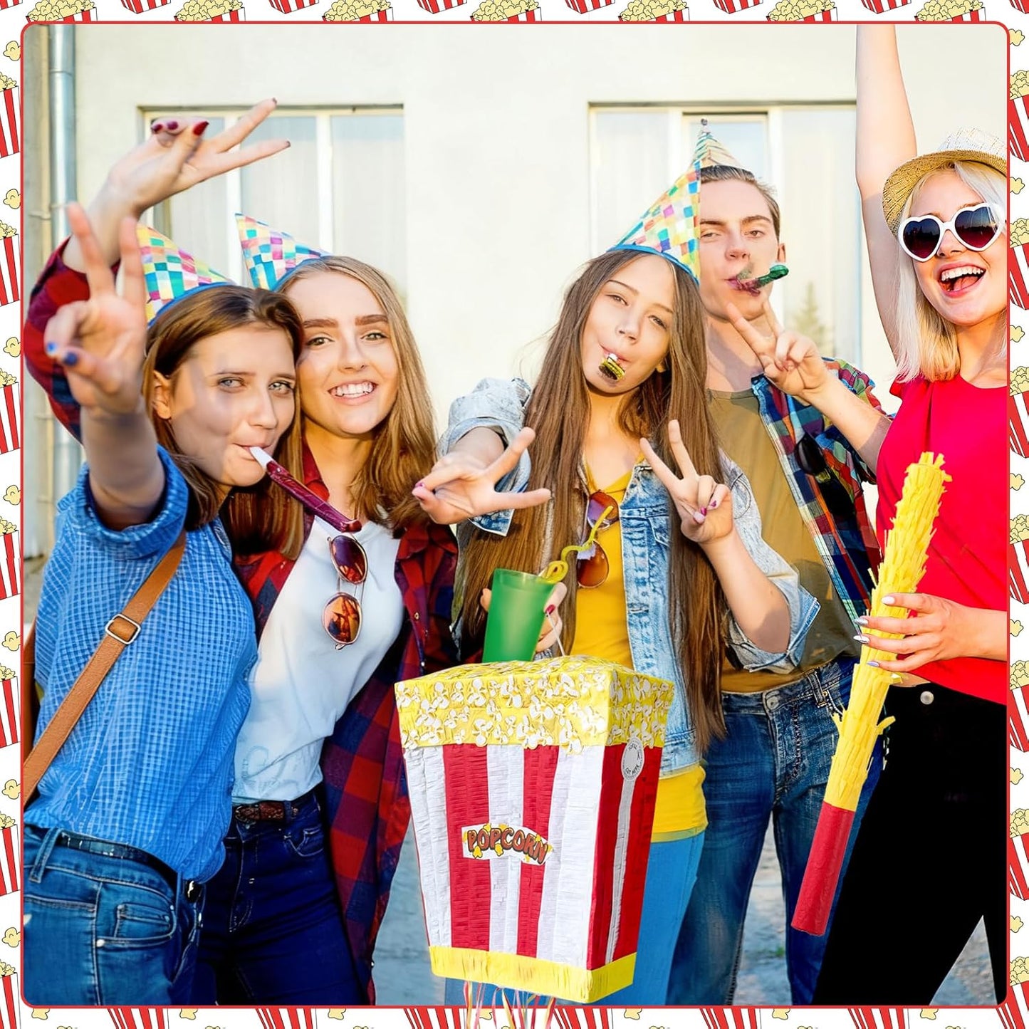 Popcorn Pinata Large Circus Piñata with Stick Hanging Loop Blindfold Star Confetti for Birthday Carnival Circus Party Video Movie Night Holiday Celebration Baby Shower Supplies 15 × 11.8 × 5.9 Inches