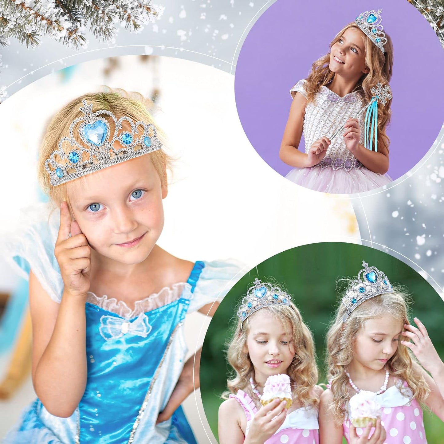 Chalyna 12 Pcs Princess Crowns Tiara Wand for Little Girl Silver Heart Jewel Plastic Tiara Winter Gift for Birthday(Pink,Heart Style)