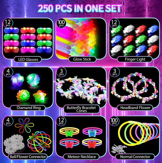 JOJUJB 250PCS Glow in the Dark Party Supplies for Kids Adults,Light Up Party Favors with Light Up Toy Glasses,100 Glow Sticks Bulk Party Pack DIY Glow Necklaces,Bracelets hora loca accessories