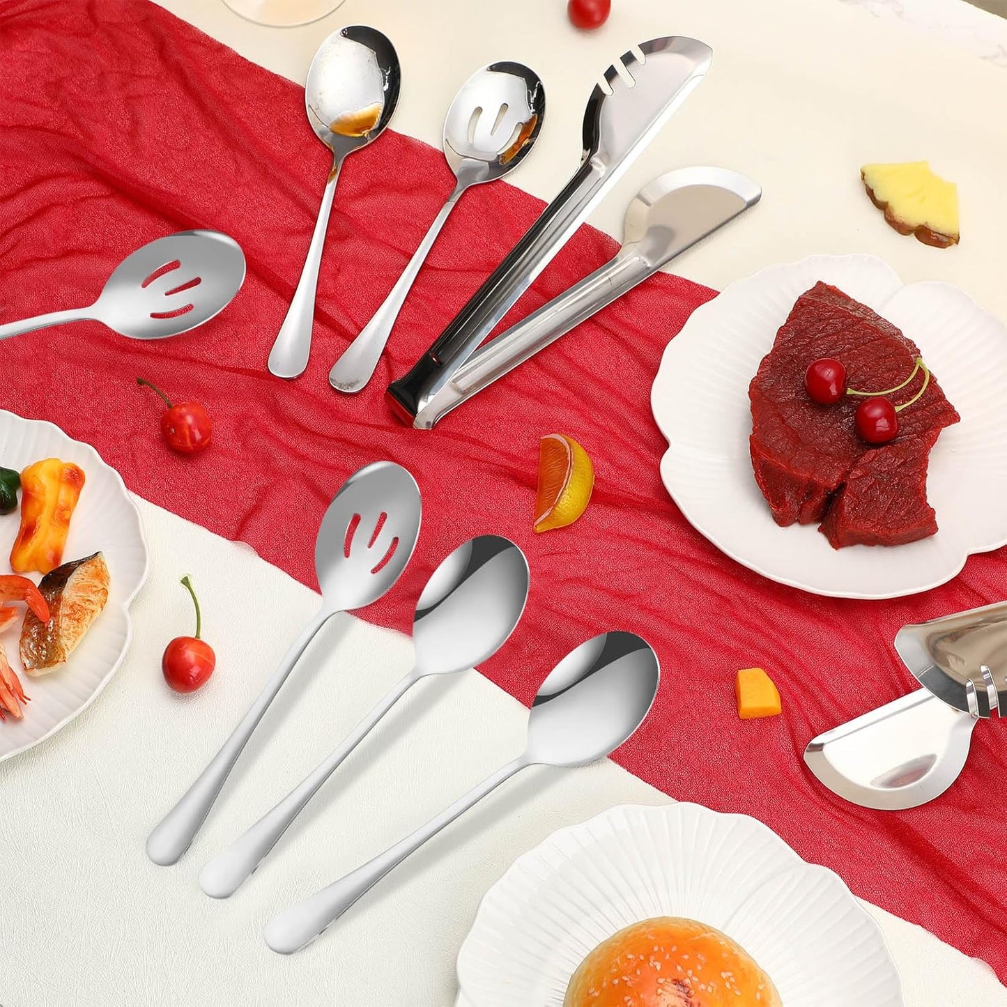 Sabary 36 Pcs Stainless Steel Serving Utensils for Buffet Parties Including 12 Serving Spoons 12 Slotted Spoons 12 Serving Tongs Large Metal Flatware Set for Tanksgiving Catering Banquet(Gold)