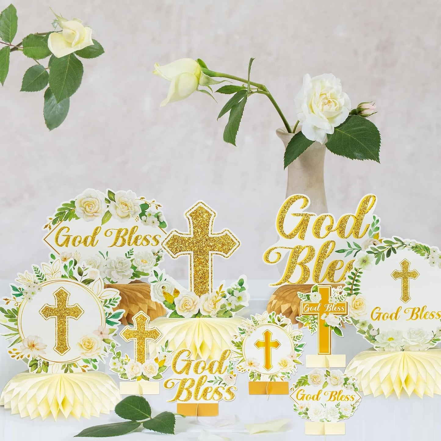 ANGOLIO White Gold Floral Honeycomb Centerpieces - 12Pcs Cross Rose Greenery God Bless Baptism Party Decoration Baby Shower First Communion Birthday Party Supplies for Boy Girl 3D Wedding Table Topper