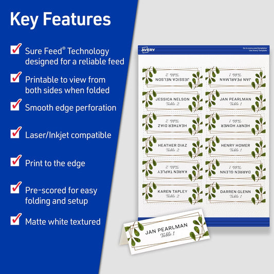 Avery Printable Place Cards with Sure Feed Technology, 1-7/16" x 3-3/4", Matte White, 150 Blank Tent Cards for Laser or Inkjet Printers (5011)