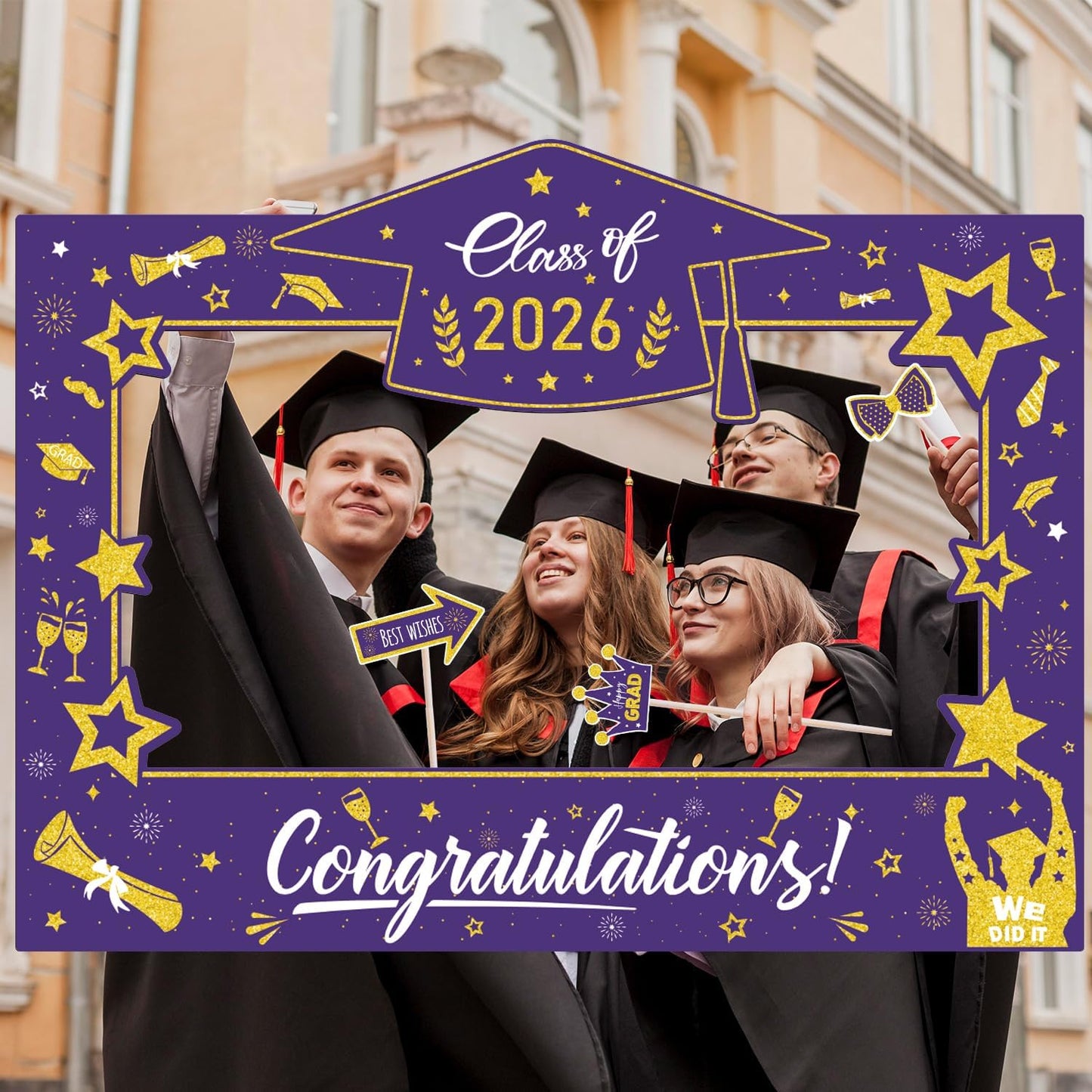Graduation Decorations Class of 2026 Photo Booth Props - Blue and Gold 2026 Graduation Frame & Photo Props Congrats Grad Class of 2026 Decor for Graduation Party Supplies