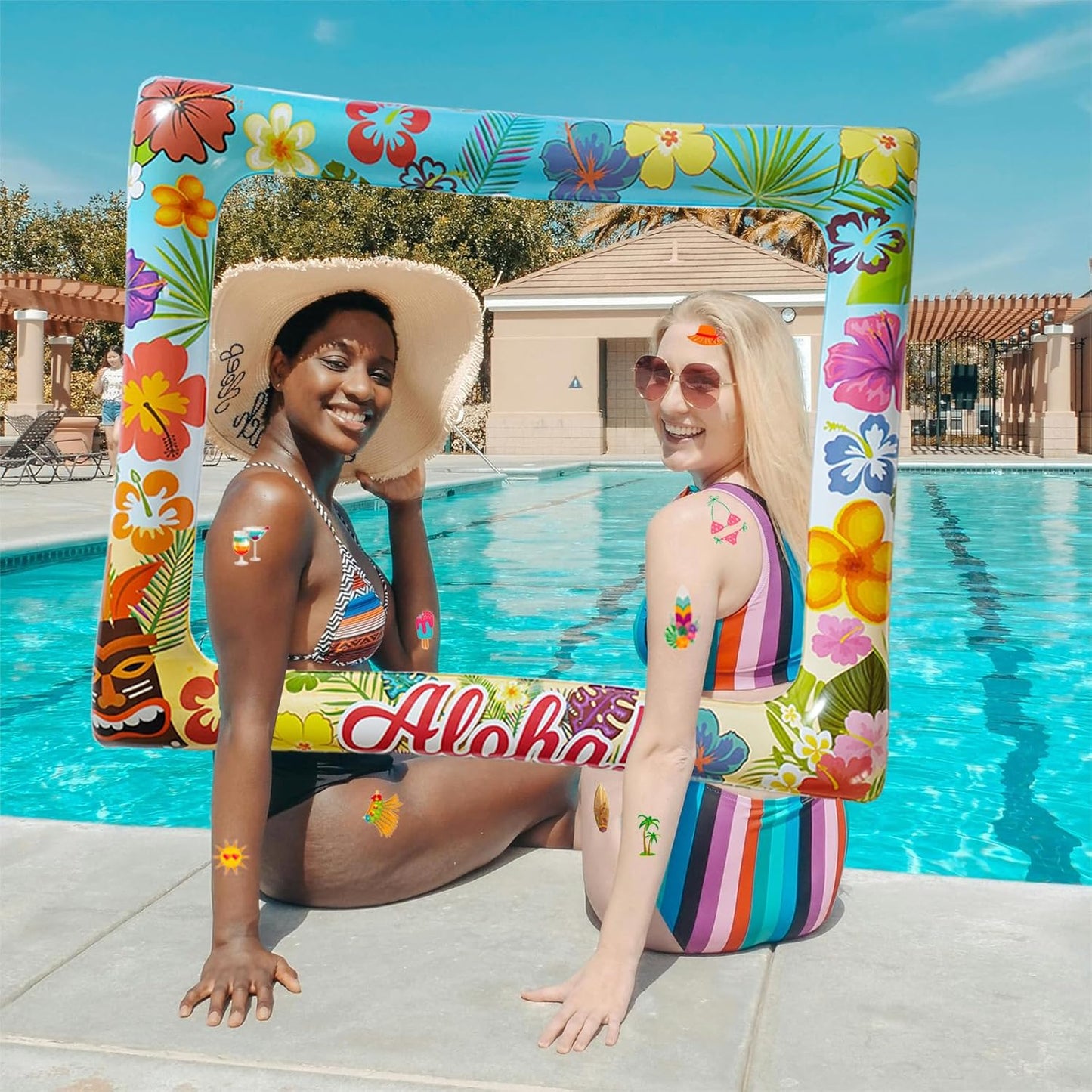 Hawaii Luau Photo Booth Props Inflatable Selfie Frame with 3 Sheets Temporary Tattoos-27.9x23.2 Inch Hawaiian Photo Booth Props Luau Photobooth Frame for Tropical Summer Beach Party Decorations