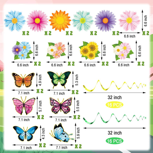 64 Pcs Flower Hanging Swirl Decorations Spring Flower Butterfly Hanging Swirl Ceiling Wall Decor Colorful Flowers Butterfly Cutouts for Spring Summer Baby Shower Wedding Birthday Party Decorations