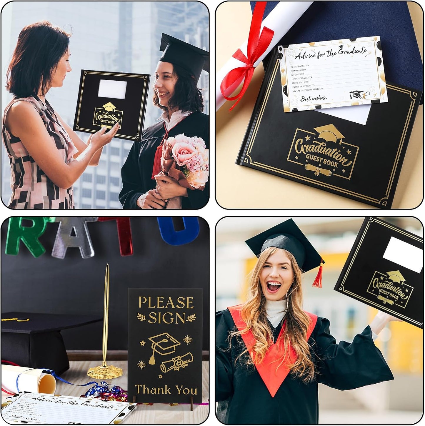 Kolldenn Graduation Guest Book Grad Party Guest Book with Signature Pen, Wood Table Sign, 50 Graduation Advice Cards Memory Party Supplies for College Gifts