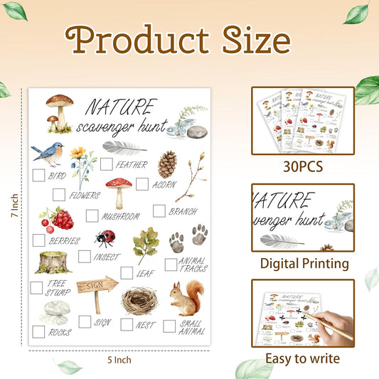 30Pcs Nature Scavenger Hunt Cards, Scavenger Hunt Cards Road Trip and Travel Activities, Spring Summer Holiday Party Supplies, Camping Games Outdoor Indoor Seek Activity-A02