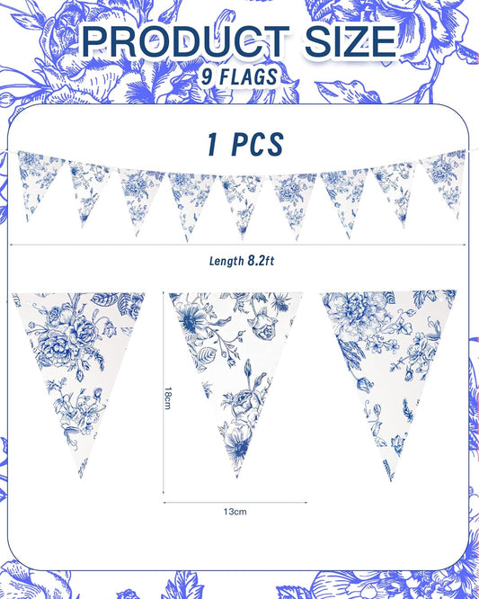 Pre-Strung Floral Pennant Garland - Ready to Use Vintage Blue White Flower Triangle Banner for Weddings, Bridal Showers & Home Decor - 5PCS, 45 Flags, 41FT