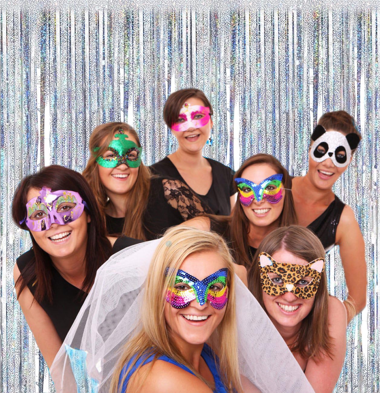 FECEDY 2pcs 3ft x 8.3ft Shiny Corlorful Metallic Tinsel Foil Fringe Curtains Photo Booth Props for Engagement Bridal Shower Bachelorette Baby Shower Bachelorette Holiday Celebration Party Decorations