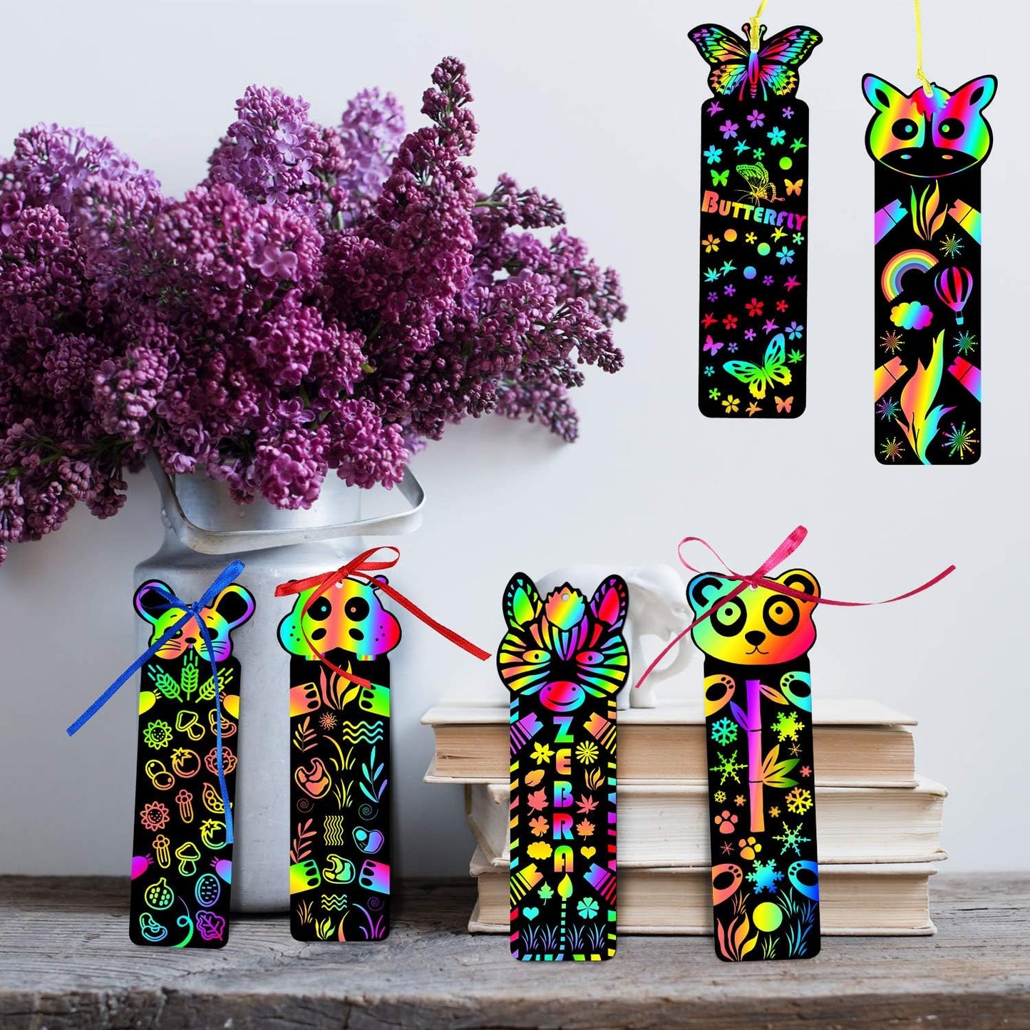 Blulu 100 Pieces 20 Styles Scratch Art Bookmarks for Kids Scratch DIY Bookmark Crafts with 100 Pcs Ropes 20 Pcs Wood Stylus End of Year Gift for Students Boys Girls Classroom