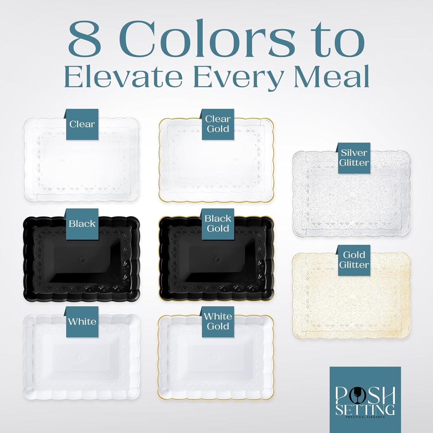 Posh Setting - Glitter Gold Serving Trays for Party, 9x13 Plastic Platters & Food Trays
