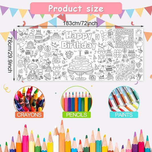 Happy Birthday Giant Coloring Tablecloth Poster for Kids,30x72Inch DIY Art Activity Birthday Drawing Paper Coloring Tablecloth Poster Table Cover Mat Home Classroom Birthday Party Suppiles