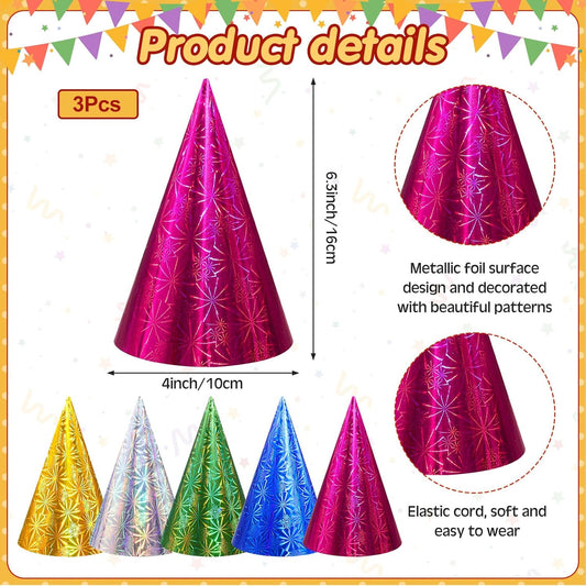 JaGely Colorful Birthday Party Hats Metallic Foil Cone Hat for Birthday Party Supplies, 5 Colors