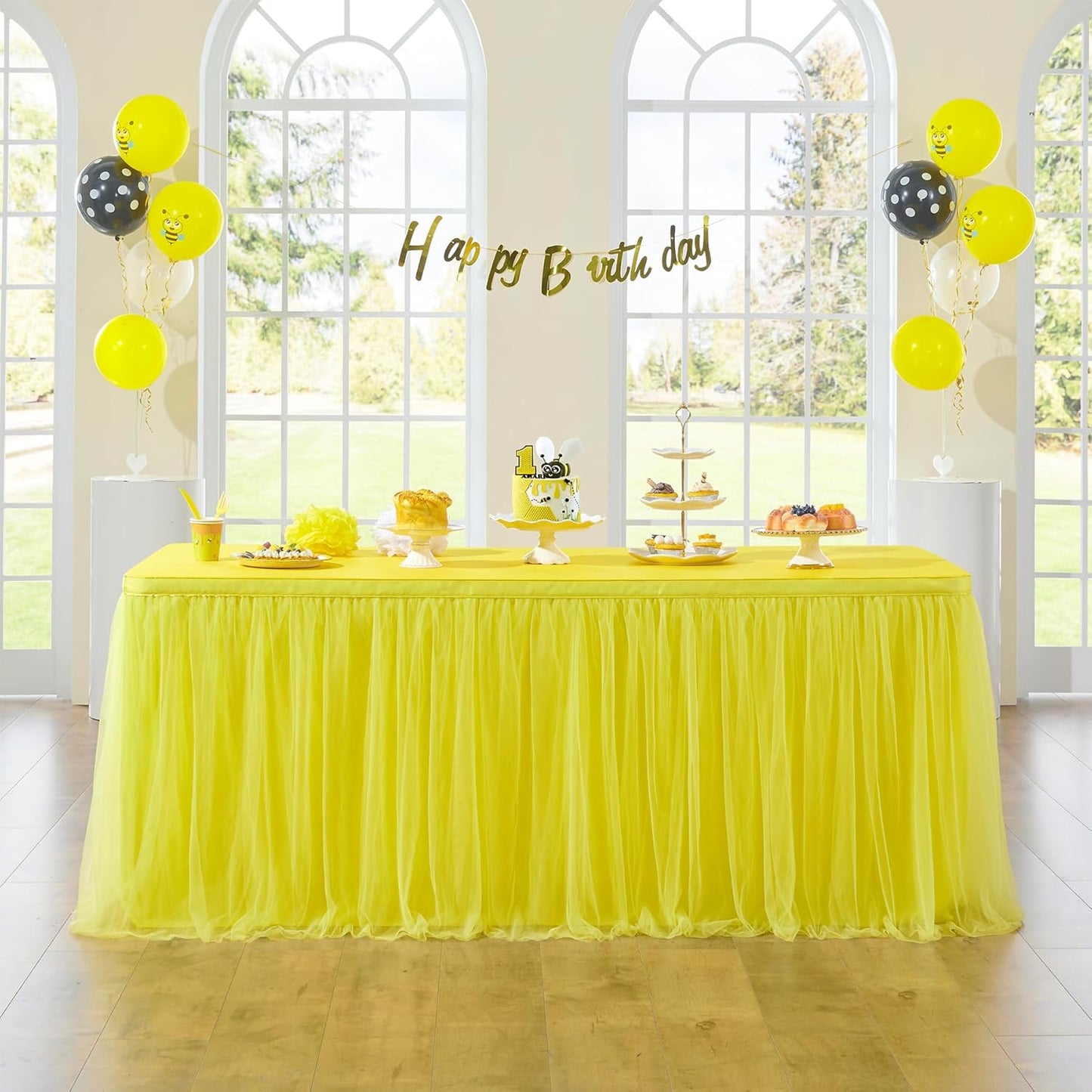 72inch Champagne Gold Tulle Table Skirts for Rectangle Round Tables, Gold Grim Ruffle Tulle Tutu Cloth Table Skirt 6ft for Wedding Birthday Party Cake Dessert Decor(No Top Cover)