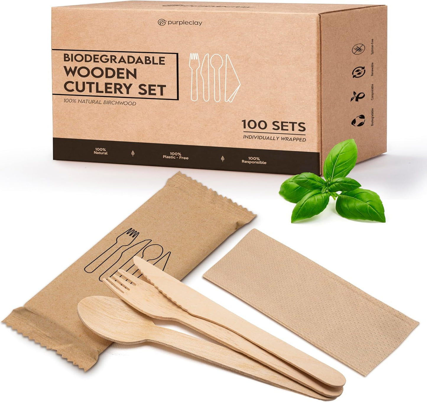 PURPLECLAY Wooden Disposable Utensils Set, 360 PCS Compostable Silverware (120 Forks, 120 Spoons, 120 Knives) Eco Friendly, Plastic-Free Cutlery for Parties & Catering, Alternative to Bamboo Utensils