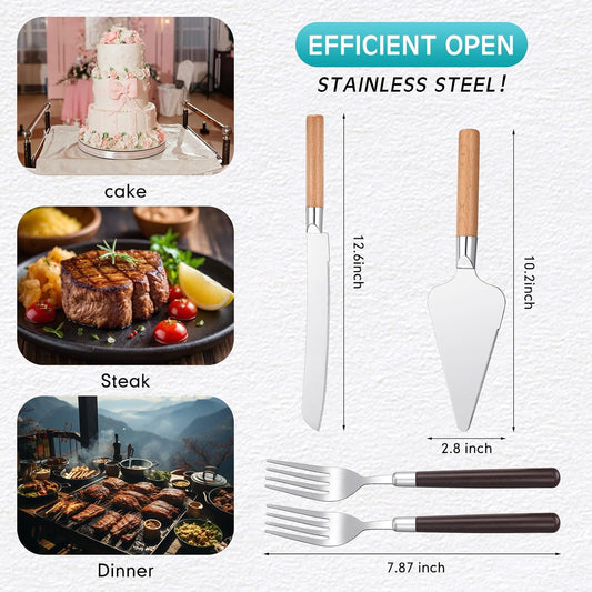 LemonRoad 4 Pcs Wedding Cake Knife and Server Set Wood Cake Cutting Set for Wedding Vintage Pie Cutter Silver Dessert Utensils with Forks for Christmas Bride and Groom