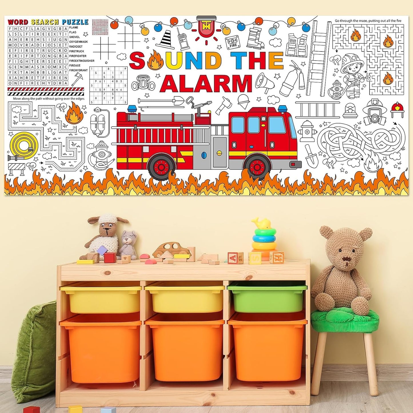 Naozinebi Fire Truck Giant Coloring Poster Large Firefighter Drawing Paper Coloring Tablecloth Rescue Vehicle Game Poster Table Cover Kids Art Craft Coloring Mat Home Pirate Party Supplies