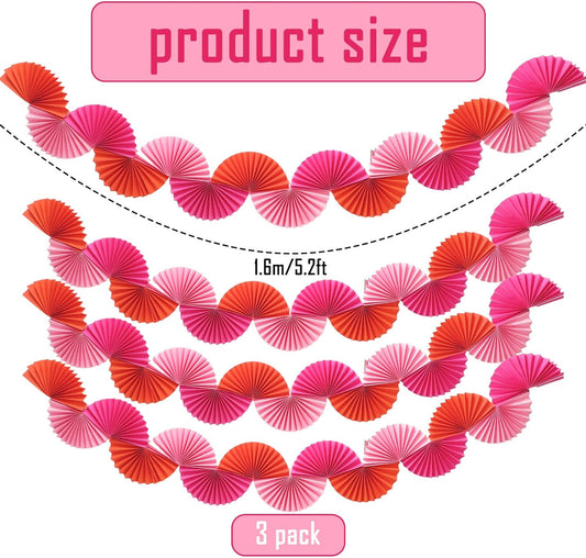 Whaline 3 Pack Paper Fans Garland 15.7 Ft Rose Red Pink Orange Hanging 3D Ornament Banners for Birthday Bachelorette Party Wall Ceiling Decoration