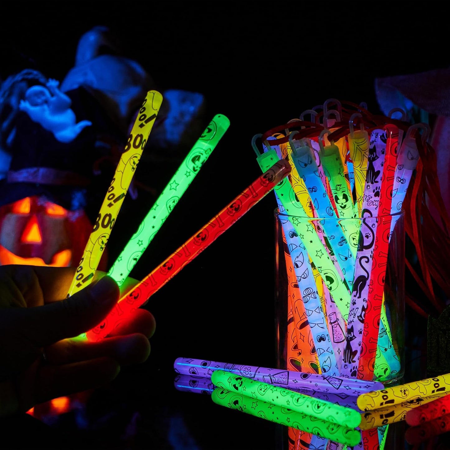 JOYIN 30 Pcs Halloween Glow Sticks Bulk Party Pack, Hanging Wands in 8 Design, 6 Color Light Up Stick for Kid Glow in The Dark Halloween Party Favor Supplies, Goodie Bag Filler, Trick or Treating Gift
