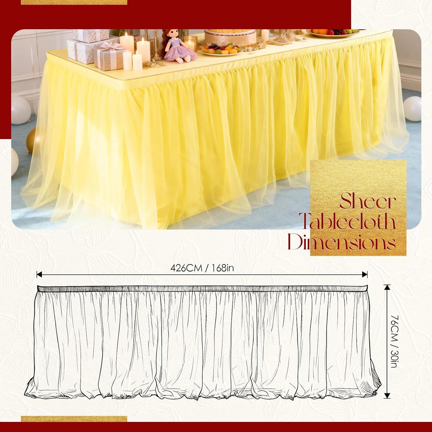 THARAHT Tulle Table Skirt 6FT 180CM Long for Rectangle Tables Round Tables Ruffle Desk Skirt for Princess Girls Birthday Party Cake Dessert Decorations Table Skirt